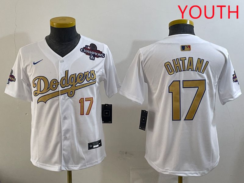 Youth Los Angeles Dodgers #17 Ohtani White Champion gold character 2025 Nike MLB Jersey style 5->youth mlb jersey->Youth Jersey
